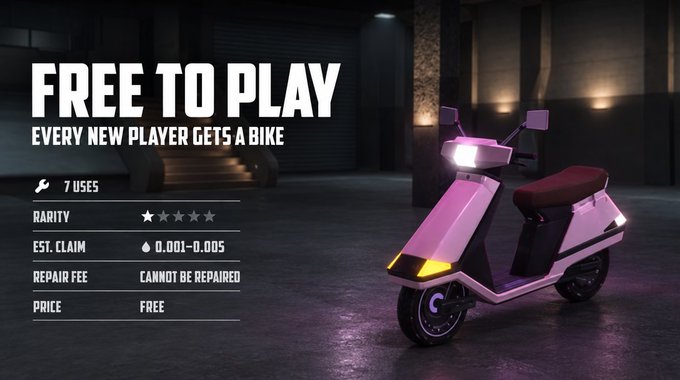 A promotional graphic featuring a pink scooter/moped with "FREE TO PLAY" text, noting that "EVERY NEW PLAYER GETS A BIKE" with stats showing 7 uses, 0.001-0.005 EST. claim, cannot be repaired, and free price. The image advertises a free-to-play bike incentive for new players, aligning with the post's details about gas's free ride rewards and USO base rate earnings.