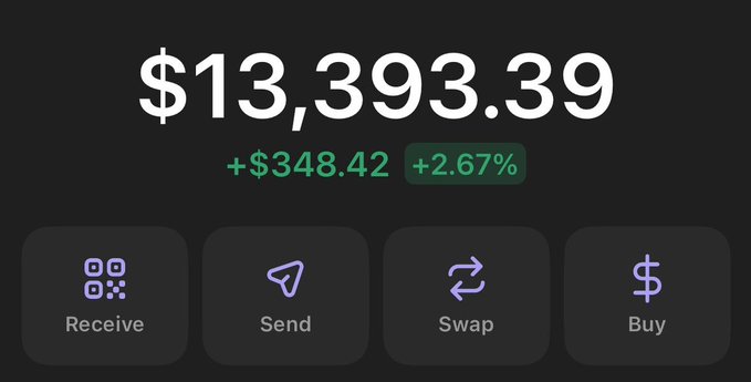 A cryptocurrency wallet interface displaying a balance of $13,393.39, up +$348.42 (+2.67%), with Receive, Send, Swap, and Buy buttons.