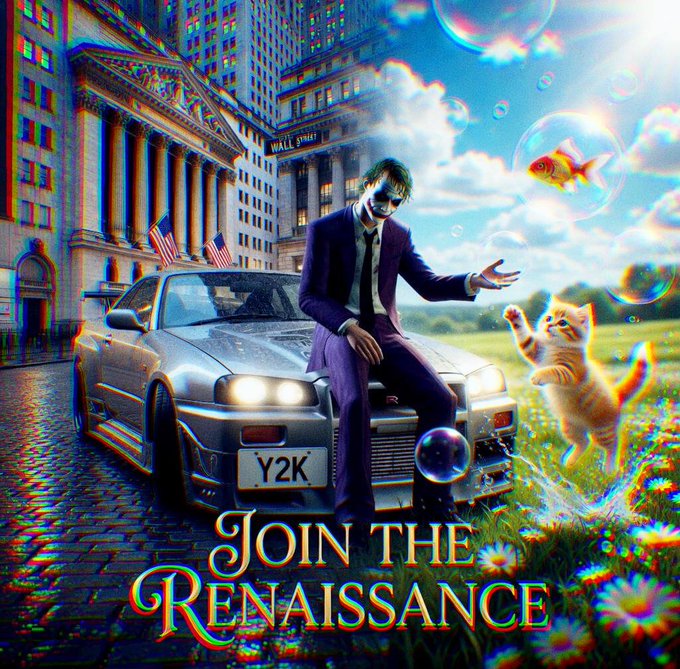 A stylized retro-futuristic illustration of a man in a purple suit sitting on a car with license plate 'Y2K', with a cat, goldfish in bubbles, and American flags, captioned 'JOIN THE RENAISSANCE'.