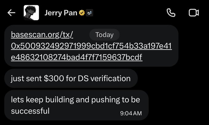 A message from Jerry Pan, who verified a $300 transaction for DS verification, is shown, aligning with the post's celebration of support. This transaction likely refers to the $300 payment mentioned in the accompanying post.