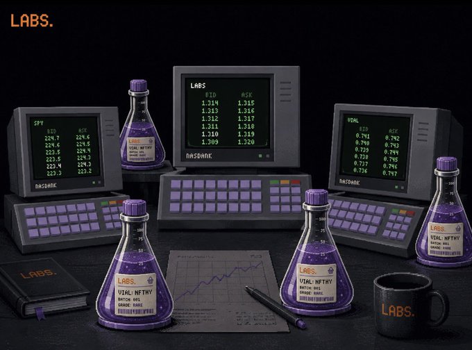 The image depicts a stylized laboratory scene with vintage computers displaying numerical data (BID/ASK prices like 1.314/1.315 and 0.742), purple "LABS." branded Erlenmeyer flasks labeled "VITAL NFTMV BATCH 002 ORANGE GOAT," a notebook, and a coffee mug—all set against a dark backdrop. The scene visually reinforces the "gLab" post by framing NFTs as scientific assets being "analyzed" in a research lab, with the flask labels humorously treating NFT batches like chemical compounds worth studying for high-yield returns.