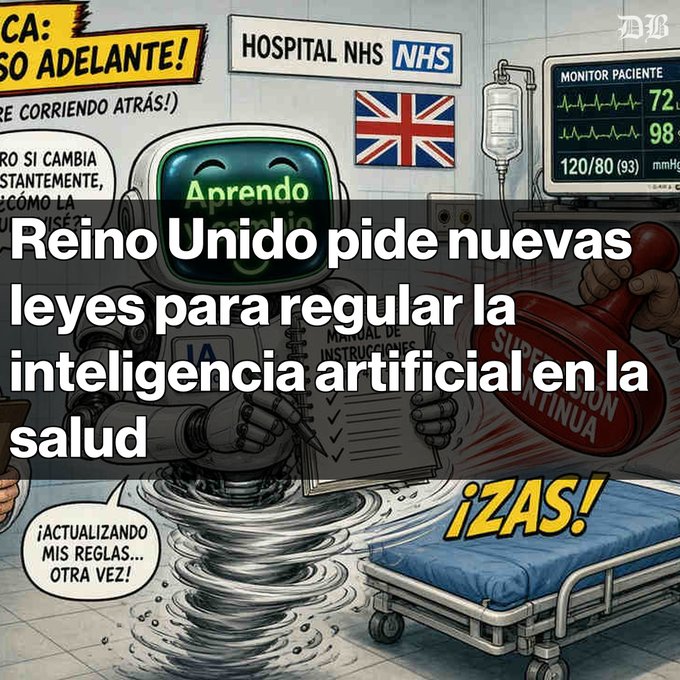 A cartoon depicting AI in healthcare at an NHS hospital, overlaid with Spanish text: 'Reino Unido pide nuevas leyes para regular la inteligencia artificial en la salud.'