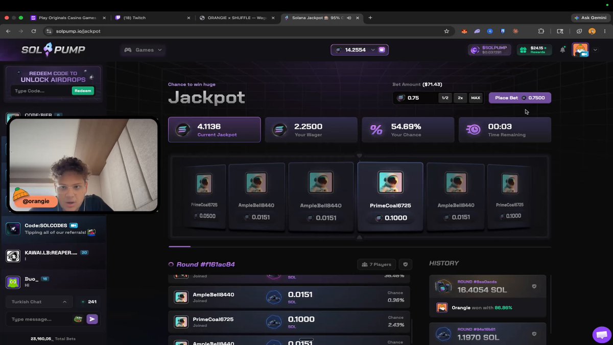 The image shows an online casino page featuring the "Solpump" jackpot game, and a photo of a person sitting at a table with money. The screen contains information about the current jackpot pool, including that there's been a 1% increase in the amount won by players since last night's jackpot. 

The post also explains how to try your luck on this site - "Orangie just got wrecked by a 1% jackpot outcome Crazy things happen every day on the Solpump jackpot Try it here solpump.io/a/MRBSOL". The image provides a visual representation of the concept and encourages viewers to participate in the game for their chance to win.