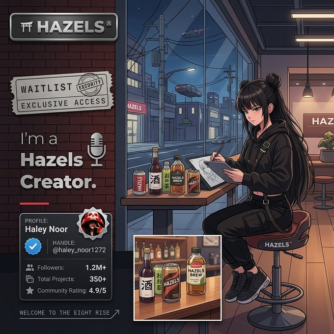 Anime-style promotional graphic for HAZELS featuring creator 'Haley Noor' (@haley_noor1272) with 1.2M followers, showing her sketching at a bar with Hazels Brew bottles.