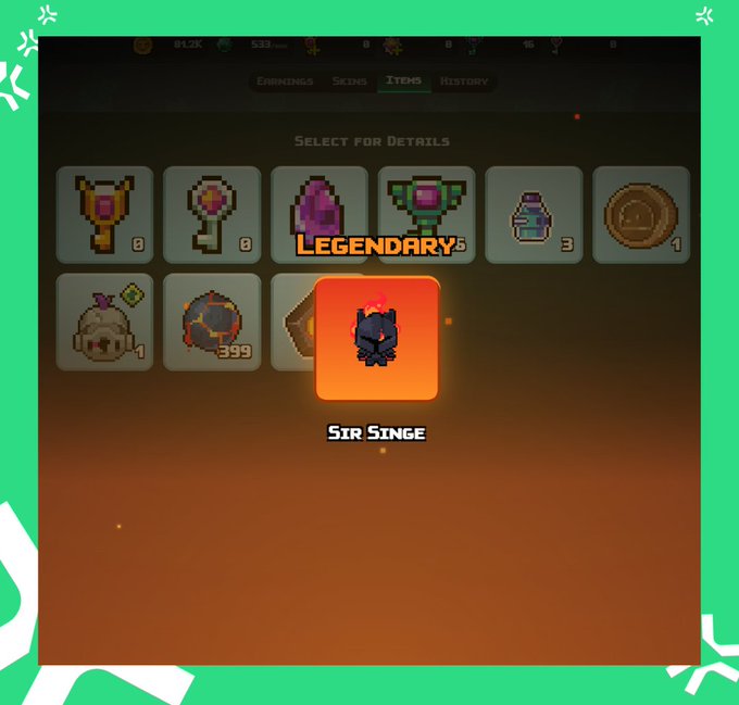 A pixelated dragon-like creature named "Sir Single" is highlighted as a Legendary item with a count of 5 in the Items tab of an inventory screen, celebrating a milestone achievement in the MOG 2.0 game.