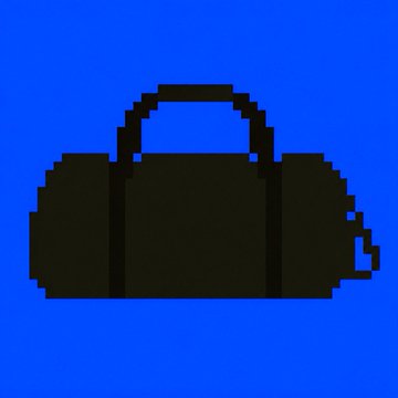 A pixel art icon depicting a black bag or pouch on a solid blue background.