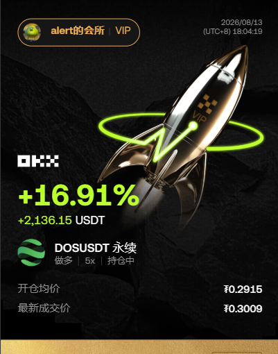 A trading screenshot dated 2026/08/13 shows a long position (5x leverage) on OKX for the perpetual futures pair DOS/USDT, opened at ¥0.2915 and currently priced at ¥0.3009, yielding a +16.91% gain (+2,136.15 USDT). The post relates to the image by highlighting the successful "sniping" of the $DOS listing on OKX, with the strong price surge reflecting reduced selling pressure and bullish momentum across exchanges.