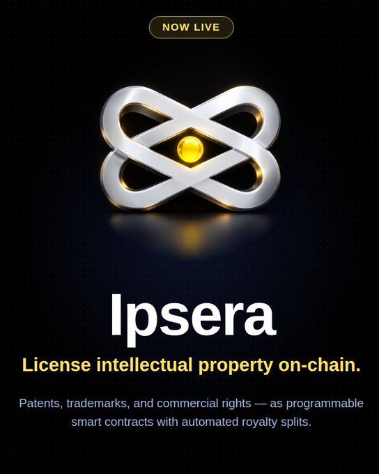 A promotional graphic for 'Ipsera' featuring a metallic logo, with text reading 'NOW LIVE', 'License intellectual property on-chain.', and 'Patents, trademarks, and commercial rights — as programmable smart contracts with automated royalty splits.'