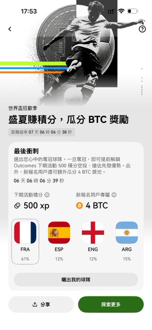 A mobile app screenshot in Chinese for the World Cup predicting contest, showing a match between France (FRA) and Argentina (ARG) with betting odds of 61% and 15%.