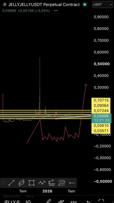 A cryptocurrency trading chart displays the JELLYJELLYUSDT Perpetual Contract on Binance, with the current price at 0.05699 (+3.04%), showing the recent volatile price action of the $jellyjelly token including a sharp spike and crash.