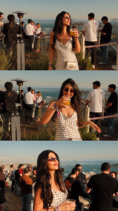The image features three photos of a woman wearing a white dress with black polka dots, holding a drink and standing near a balcony overlooking the ocean. The first photo shows her posing for the camera while drinking from a glass, the second photo captures another moment where she is enjoying her drink on the balcony, and the third photo provides an additional perspective of her in front of the ocean.

The post includes text that reads "good conversations, familiar faces and a beautiful istanbul sunset thanks @superteam @SuperteamTR for bringing the @solana ecosystem together". This suggests that the woman's presence at this event might be related to a social gathering or party where people are enjoying drinks and conversation. The stunning ocean view in the background adds to the overall ambiance of the scene, making it an ideal location for such an event.