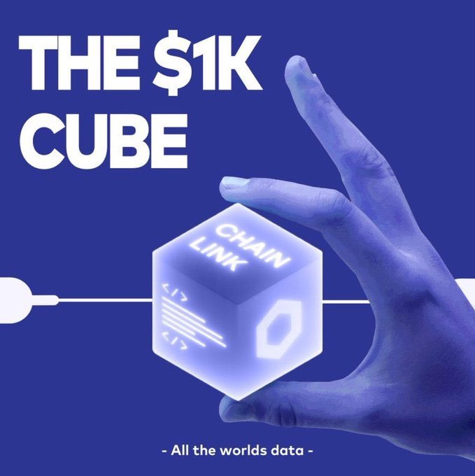 A promotional graphic featuring a hand holding a glowing blue cube labeled "CHAIN LINK" against a blue background, with bold text reading "THE $1K CUBE" and "All the worlds data" below. The image aligns with the post's bullish sentiment on $LINK, visually emphasizing the ambitious $1,000 price target and suggesting Chainlink's role in powering global data infrastructure.
