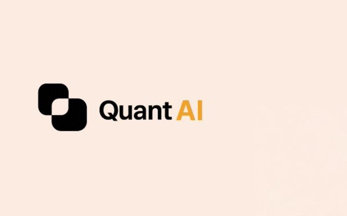 A minimalist logo design featuring two overlapping black rounded squares next to the text 'Quant AI' with 'Quant' in black and 'AI' in orange on a cream background.
