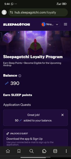 A screenshot of the Sleepagotchi Loyalty Program dashboard showing a Sleep Points balance of 390 and an "Application Quests" section confirming "50 added to your balance." The post describes a daily routine of completing quests and claiming rewards, which aligns with the visible quest rewards and balance tracker in the image.