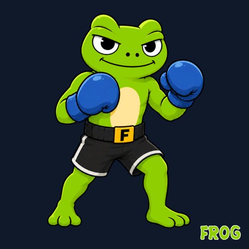 A cartoon illustration of a green frog wearing black boxing shorts with an 'F' belt buckle and blue boxing gloves in a fighting stance, labeled 'FROG' in the corner.