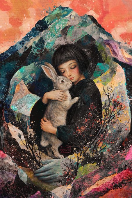A young girl with a dark bob haircut tenderly embraces a white rabbit in this mixed-media painting, with a small blue-gloved hand visible at the bottom and the signature "Begüm Kan" (Kan) near the center. The figure is framed by a colorful, textured archway against a vibrant orange sky, surrounded by delicate branches with colorful blossoms.