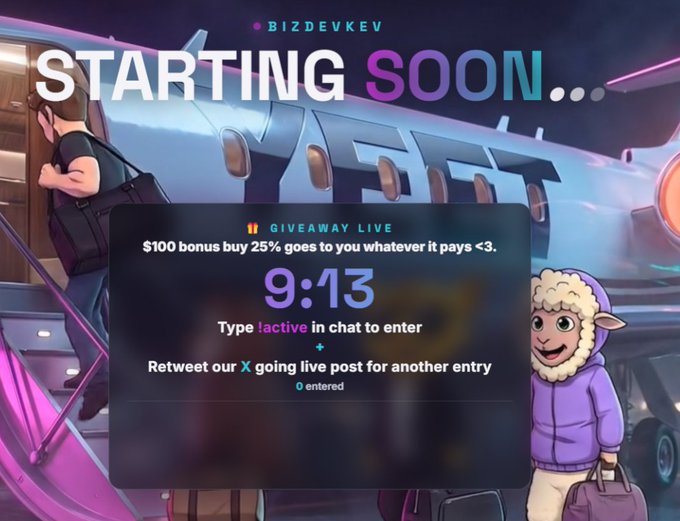 A "Starting Soon" stream overlay for BIZDEVKEV features a 9:13 countdown timer for a giveaway offering a $100 bonus buy on the YEET token, with instructions to type "lactive" in chat and retweet the going-live post for additional entries. The anime-style jet background and cartoon mascot frame the giveaway details, matching the post's promotion of the active bonus buy event and YEETWRAPPED announcement.