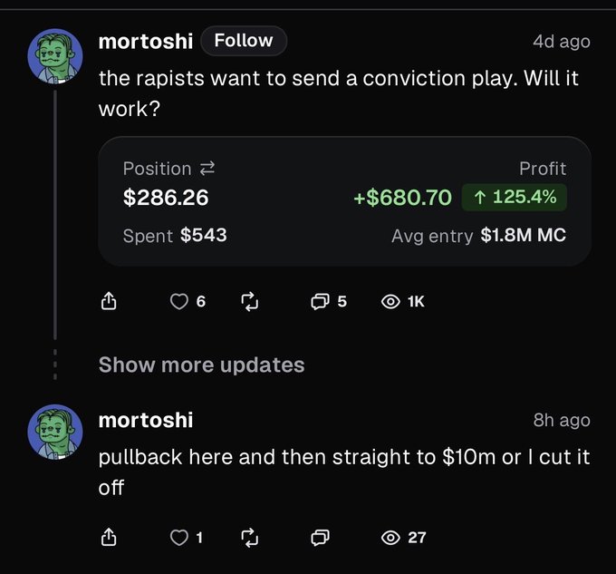 A social media post by user "mortoshi" displays a trading position showing a +$680.70 profit (125.4% gain) on a $543 spent investment, with an average entry of $1.8M MC, referencing a "conviction play" on what the caption identifies as the "sword cat" token.