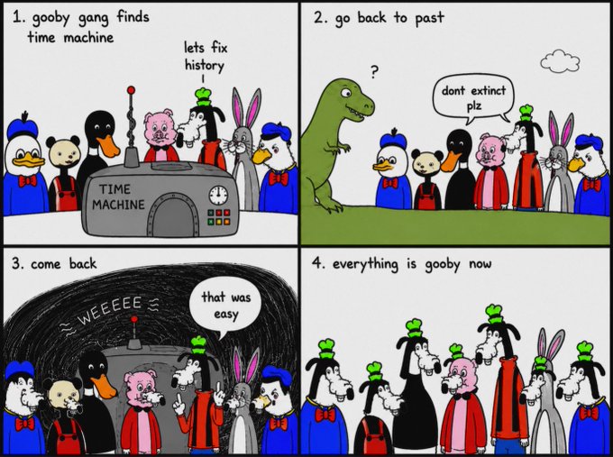 A four-panel comic titled 'Gooby' where a gang of characters builds a time machine to travel to the past and prevent dinosaurs from going extinct, but accidentally turns everything into 'gooby' versions of themselves.