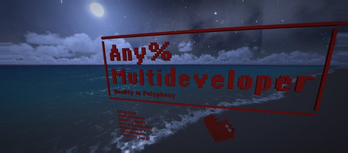 A pixelated title screen reading "Any% Multideveloper" with subtitle "Reality is Polyphony" displayed in red block letters over a nighttime ocean seascape with a full moon.