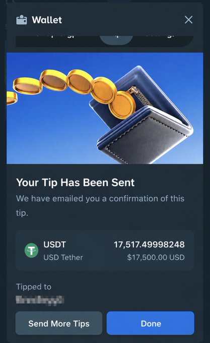 A digital wallet confirmation screen shows a successful tip of 17,517.49998248 USDT ($17,500.00 USD) sent, with buttons to "Send More Tips" or "Done," corroborating the post's claim of a large crypto tip sent to a player.