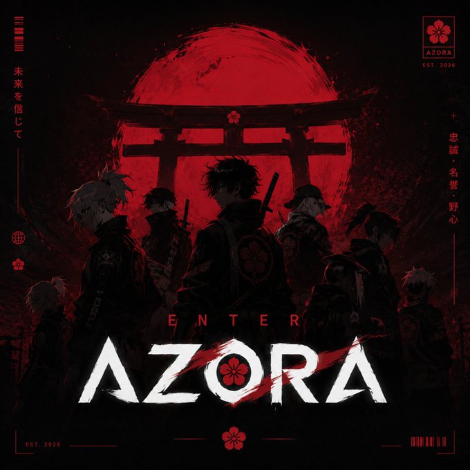 The image features a poster for an anime titled "AZORA" with a red background, white text, and a large red circle with a flower design at its center. The poster also includes a code that reads "@opensea". The text on the poster announces the release of the anime, stating that it will officially launch on @opensea in the year @opensea. Additionally, there is a reference to the first 200 NFTs winning $ETH and a description of what awaits beyond the gate lock.