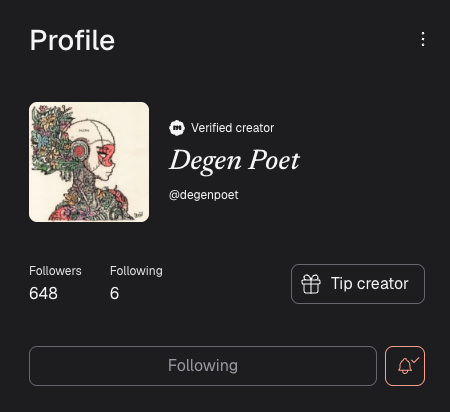 A profile page for verified creator 'Degen Poet' (@degenpoet) showing 648 followers and 6 following, with an illustrated profile image featuring soda cans in a skull design.