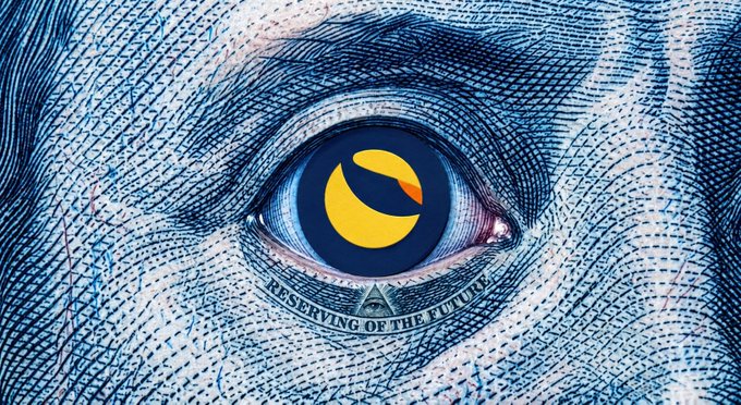 The image shows the iconic "all-seeing eye" from the U.S. one-dollar bill, with the pupil replaced by the yellow Terra Classic (LUNC) logo. The text "RESERVING OF THE FUTURE" is visible beneath the eye, tying the post's message of "Keep your eyes on $LUNC" to a watchful, forward-looking watchlist sentiment.