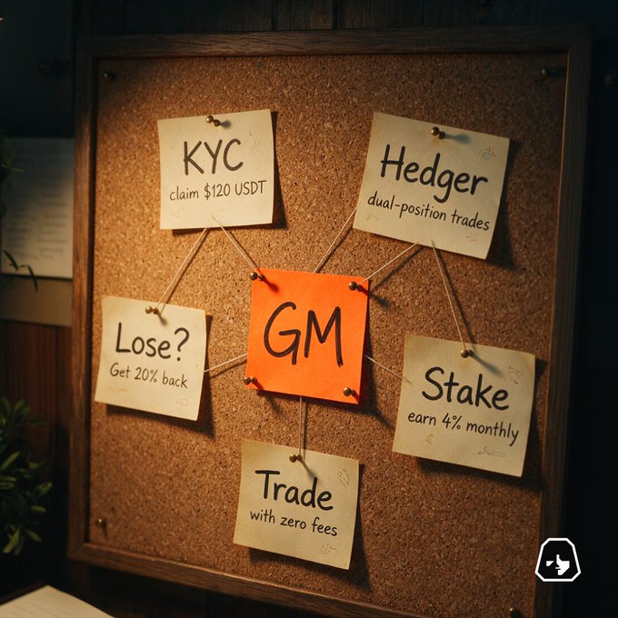 A corkboard displays notes about cryptocurrency features including 'KYC', 'Hedger', 'Stake', and 'Trade' arranged around a central orange 'GM' note.