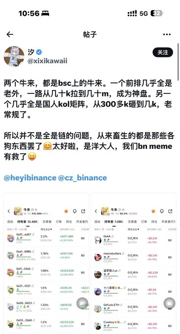 The image shows a Chinese-language social media post by user "汐" (@xixikawaii) criticizing KOL (Key Opinion Leader) marketing tactics on BSC (Binance Smart Chain), highlighting how an address's holdings dropped from around 90K to nearly zero while a domestic KOL's portfolio plummeted from over 300K to 8K, tagging @heyibinance and @cz_binance. The accompanying tweet reinforces the post's message by warning users to avoid over-the-counter KOLs, as the dramatic losses shown (up to -94.79%) visually demonstrate how followers can suffer significant financial harm while influencers profit from their promotional deals.