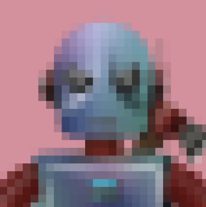 A heavily pixelated, low-resolution image of a character with a blue head covering against a pink background.