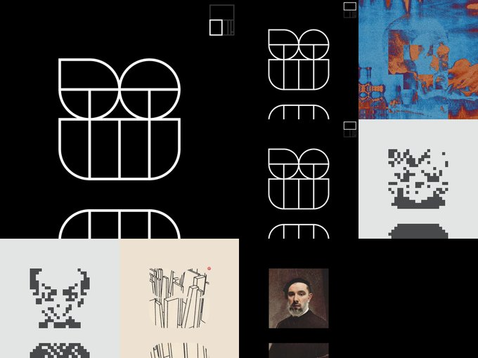 A design collage showing the Lo Bank logo variations, pixel art representations of a dog, abstract geometric shapes, and a small portrait of a bearded man in dark clothing.