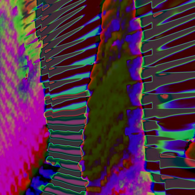 An abstract digital artwork featuring vibrant neon colors of pink, green, and purple with jagged patterns and a central vertical textured form.