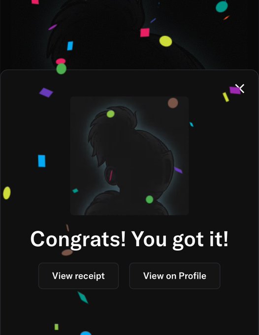 An NFT acquisition screen showing a silhouetted character with the message 'Congrats! You got it!' and buttons to view receipt or profile.