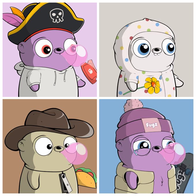 A four-panel illustration displays cute cartoon characters resembling seals or bears with pink bubble gum bubbles, each wearing different outfits: a pirate, a polka-dot onesie holding a flower, a cowboy hat, and a winter beanie labeled 'Fugz'.