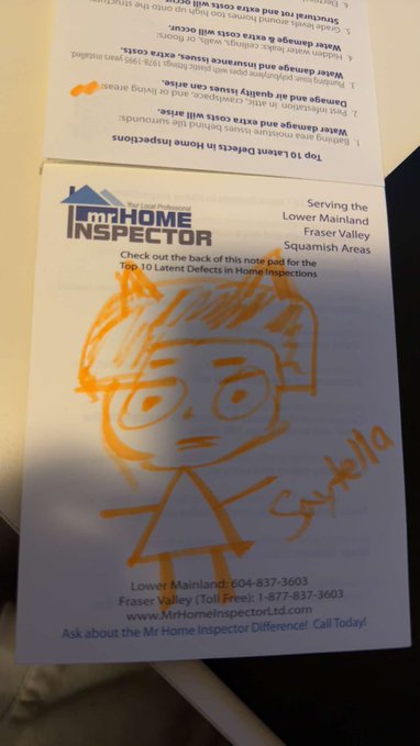 A promotional notepad from 'Mr Home Inspector Ltd.' serving the Lower Mainland and Fraser Valley, featuring a hand-drawn orange sketch of a person with glasses signed 'Sukela' and a list of the 'Top 10 Latent Defects in Home Inspections'.