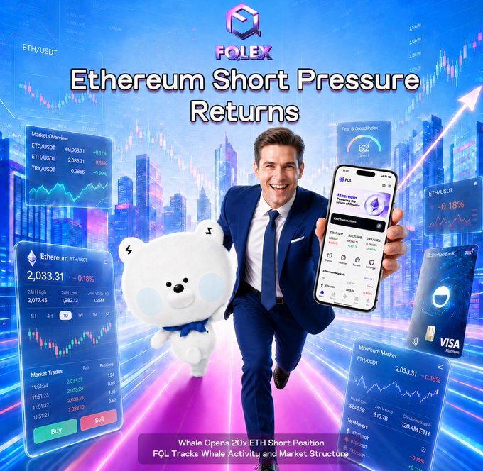 A promotional graphic for FQL Exchange features a smiling man in a blue suit running alongside a white bear mascot, surrounded by floating digital trading interfaces showing Ethereum (ETH/USDT) at 2,033.31 (-0.18%) and other crypto data, with the headline "Ethereum Short Pressure Returns" and a subheading noting "Whale Opens 20x ETH Short Position." The vibrant blue and pink design emphasizes the platform's market tracking and whale activity monitoring, aligning with the post's theme of renewed short pressure and a potential larger ETH market shift.