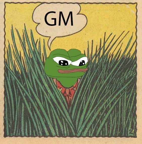 A grumpy Pepe the Frog peeks through tall grass with a speech bubble reading "GM," conveying a morning greeting with a sour or annoyed tone that playfully contrasts with the cheerful "GM have a great day guys!" message.