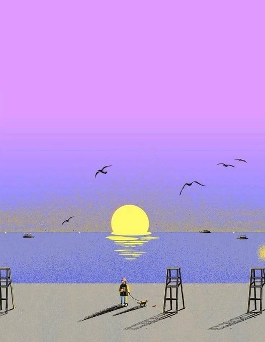 The image features an illustration of a beach scene with a person walking their dog near the water's edge. The sun is setting over the ocean, casting a warm glow across the sky. There are several birds flying overhead, adding to the serene atmosphere. In the background, there are boats floating on the water, further enhancing the picturesque view.