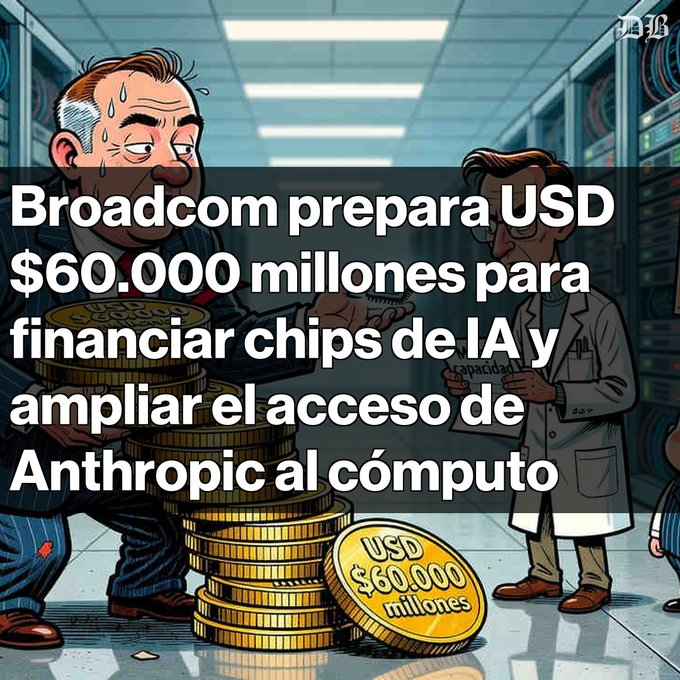 A cartoon illustration of two men in a server room exchanging a giant stack of coins, overlaid with Spanish text announcing Broadcom's preparation of USD $60,000 million to finance AI chips and expand Anthropic's compute access.