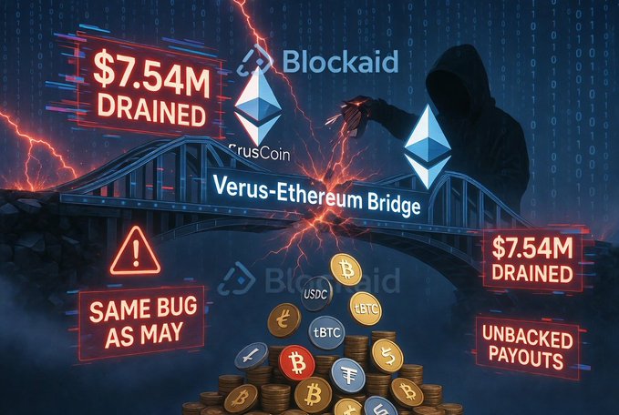 A graphic depicting the Verus-Ethereum Bridge hack, showing a hooded figure with Ethereum logos, warning text including '$7.54M DRAINED', 'SAME BUG AS MAY', and 'UNBACKED PAYOUTS', with Blockaid and CrusCoin branding alongside stacks of crypto coins including BTC and USDC.