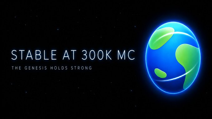 A glowing blue and green Earth-like sphere floats against a starry black background, accompanied by the text "STABLE AT 300K MC" and "THE GENESIS HOLDS STRONG." The imagery visually reinforces the post's message about the $EARTH token maintaining stability and strong support at a 300K market cap milestone.