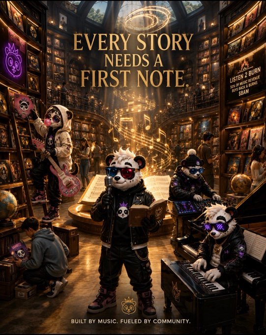 The image depicts a vibrant, library-themed scene featuring anthropomorphic panda characters playing instruments (guitar, microphone, DJ setup, and piano) amid glowing musical notes, with the text "EVERY STORY NEEDS A FIRST NOTE." and "BUILT BY MUSIC. FUELED BY COMMUNITY." displayed prominently, along with a banner reading "LISTEN 2 BURN." 

The post's message about crypto moving beyond hype toward sustainable, utility-driven ecosystems aligns with the image's theme of music and community—suggesting that meaningful projects, like a song, begin with that crucial first note and thrive through engaged communities rather than fleeting attention.