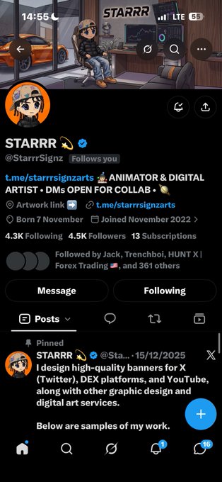 A Twitter/X profile page for 'STARRR' (@StarrrSignzn) showing their banner featuring an animated character at a computer, with the bio 'ANIMATOR & DIGITAL ARTIST • DMs OPEN FOR COLLAB' and statistics of 4.3K Following, 4.5K Followers, and 13 Subscriptions.