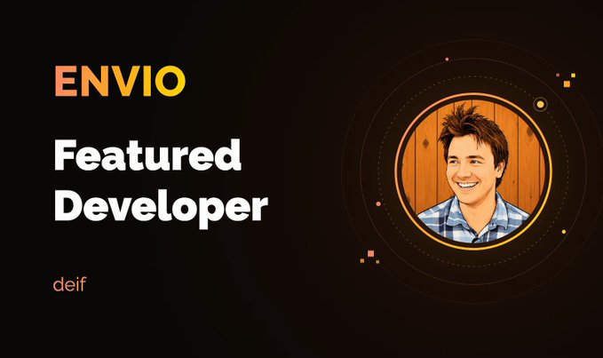 A presentation slide titled 'ENVIO Featured Developer' highlighting a person named 'delf', showing an illustrated portrait of a smiling young man in a plaid shirt on the right side.