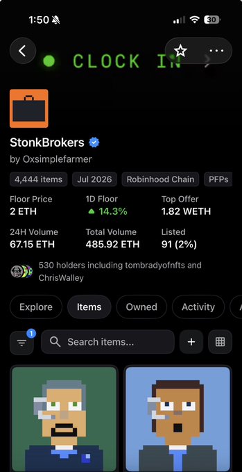 A mobile screenshot of an NFT marketplace displaying the 'StonkBrokers' collection by Oxsimplefarmer on Robinhood Chain, showing a floor price of 2 ETH, 4,444 items, and 67.15 ETH in 24H volume.