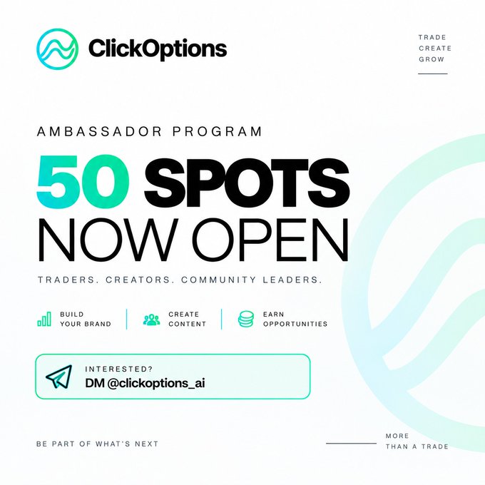 The image is a promotional graphic from ClickOptions advertising their Ambassador Program, featuring bold text "50 SPOTS NOW OPEN" along with categories "TRADERS. CREATORS. COMMUNITY LEADERS." and a call-to-action instructing interested applicants to "DM @clickoptions_ai." The design, with its teal accents and tagline "BE PART OF WHAT'S NEXT," visually supports the accompanying announcement about the program's 50 new openings.