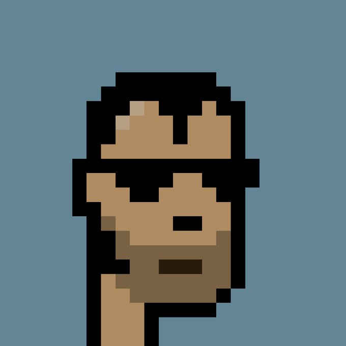 A pixel art portrait of a person with dark hair against a blue-gray background.
