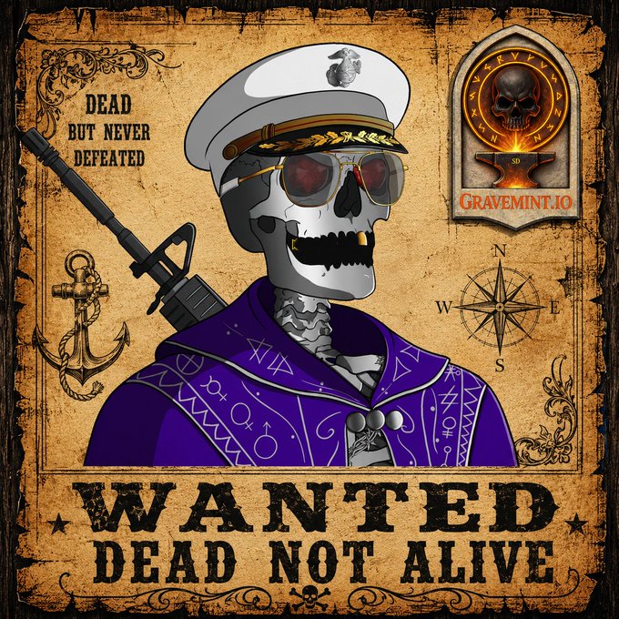 The image features a cartoon illustration of a skeleton wearing a purple coat, hat, and glasses with a gun in its hand. The skeleton appears to be dressed as a pirate or soldier, giving off an air of mystery and intrigue. The background includes a map and a skull, adding to the overall theme of danger and adventure. The post reads " Wanted Dead Not Alive" which suggests that the skeleton is seeking someone who has passed away for a treasure hunt or some other form of challenge.