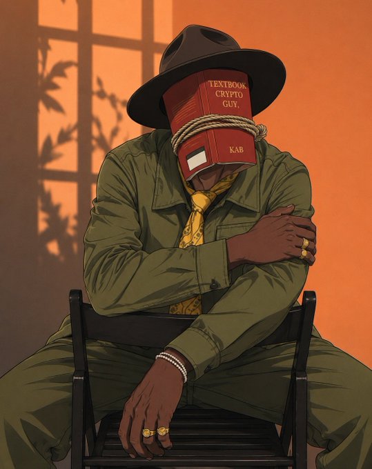 Digital illustration of a seated figure in a green outfit and fedora, with a red 'TEXTBOOK CRYPTO GUY KAB' bound over their head, wearing gold rings and bracelets.